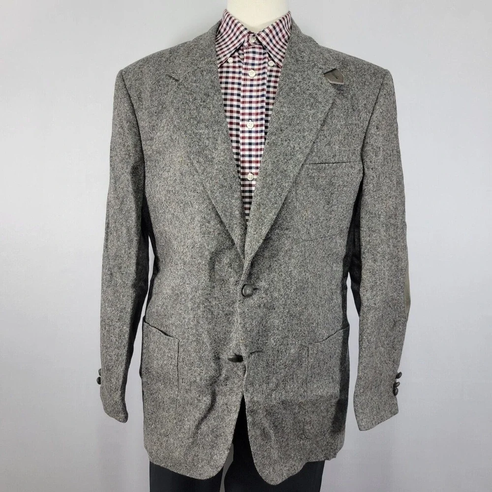 Stafford Men's Tweed Sport Coat Blazer Two Button Gray Wool Elbow Patches 44L
